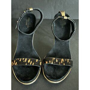 Womens Ankle Strap Stiletto Heels Open Toe Sandals 9 B Fur Accent Leather Black